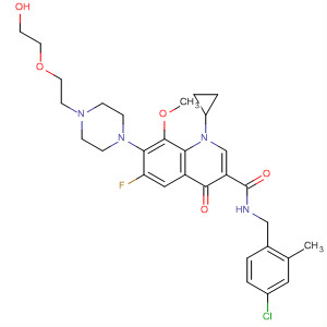 874480-77-0  3-Quinolinecarboxamide,N-[(4-chloro-2-methylphenyl)methyl]-1-cyclopropyl-6-fluoro-1,4-dihydro-7-[4-[2-(2-hydroxyethoxy)ethyl]-1-piperazinyl]-8-methoxy-4-oxo-