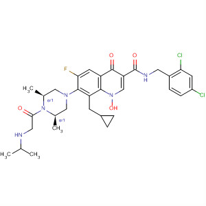 874482-01-6  3-Quinolinecarboxamide,1-cyclopropyl-N-[(2,4-dichlorophenyl)methyl]-7-[(3R,5S)-3,5-dimethyl-4-[[(1-methylethyl)amino]acetyl]-1-piperazinyl]-6-fluoro-1,4-dihydro-8-methoxy-4-oxo-, rel-