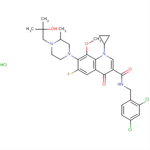874482-08-3  3-Quinolinecarboxamide,1-cyclopropyl-N-[(2,4-dichlorophenyl)methyl]-6-fluoro-1,4-dihydro-7-[4-(2-hydroxy-2-methylpropyl)-3-methyl-1-piperazinyl]-8-methoxy-4-oxo-,hydrochloride