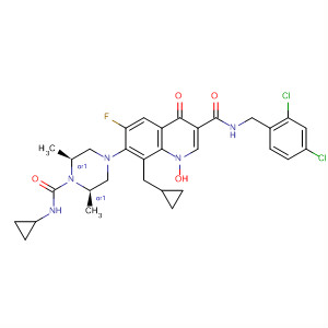 874482-14-1  3-Quinolinecarboxamide,1-cyclopropyl-7-[(3R,5S)-4-[(cyclopropylamino)carbonyl]-3,5-dimethyl-1-piperazinyl]-N-[(2,4-dichlorophenyl)methyl]-6-fluoro-1,4-dihydro-8-methoxy-4-oxo-, rel-