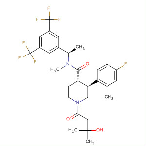 873458-79-8  4-Piperidinecarboxamide,N-[(1R)-1-[3,5-bis(trifluoromethyl)phenyl]ethyl]-3-(4-fluoro-2-methylphenyl)-1-(3-hydroxy-3-methyl-1-oxobutyl)-N-methyl-, (3S,4S)-