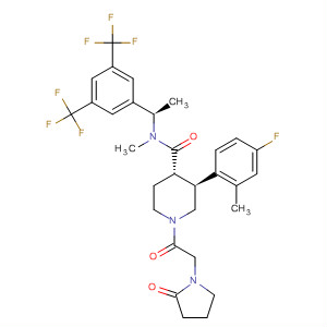 873459-58-6  4-Piperidinecarboxamide,N-[(1R)-1-[3,5-bis(trifluoromethyl)phenyl]ethyl]-3-(4-fluoro-2-methylphenyl)-N-methyl-1-[(2-oxo-1-pyrrolidinyl)acetyl]-, (3S,4S)-