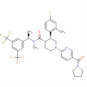873462-12-5  4-Piperidinecarboxamide,N-[(1R)-1-[3,5-bis(trifluoromethyl)phenyl]ethyl]-3-(4-fluoro-2-methylphenyl)-N-methyl-1-[5-(1-pyrrolidinylcarbonyl)-2-pyridinyl]-, (3S,4S)-