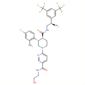 873462-16-9  3-Pyridinecarboxamide,6-[(3S,4S)-4-[[[(1R)-1-[3,5-bis(trifluoromethyl)phenyl]ethyl]methylamino]carbonyl]-3-(4-fluoro-2-methylphenyl)-1-piperidinyl]-N-(2-hydroxyethyl)-