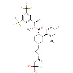873462-18-1  4-Piperidinecarboxamide,N-[(1R)-1-[3,5-bis(trifluoromethyl)phenyl]ethyl]-3-(4-fluoro-2-methylphenyl)-1-[1-(3-hydroxy-3-methyl-1-oxobutyl)-3-azetidinyl]-N-methyl-,(3S,4S)-