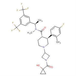873462-20-5  4-Piperidinecarboxamide,N-[(1R)-1-[3,5-bis(trifluoromethyl)phenyl]ethyl]-3-(4-fluoro-2-methylphenyl)-1-[1-[(1-hydroxycyclopropyl)carbonyl]-3-azetidinyl]-N-methyl-,(3S,4S)-
