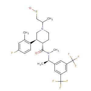 873558-10-2  4-Piperidinecarboxamide,N-[(1R)-1-[3,5-bis(trifluoromethyl)phenyl]ethyl]-3-(4-fluoro-2-methylphenyl)-N-methyl-1-(1-oxido-3-thietanyl)-, (3S,4S)-