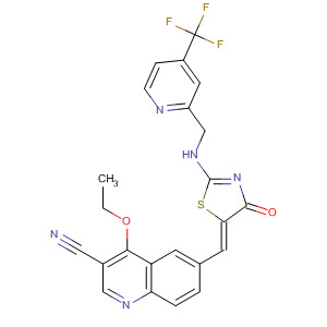 872577-04-3  3-Quinolinecarbonitrile,4-ethoxy-6-[(Z)-[4-oxo-2-[[[4-(trifluoromethyl)-2-pyridinyl]methyl]amino]-5(4H)-thiazolylidene]methyl]-