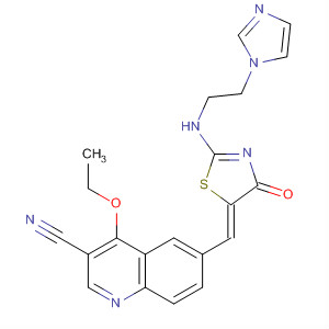 872577-06-5  3-Quinolinecarbonitrile,4-ethoxy-6-[(Z)-[2-[[2-(1H-imidazol-1-yl)ethyl]amino]-4-oxo-5(4H)-thiazolylidene]methyl]-