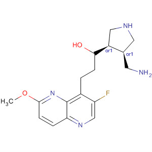 872717-13-0  3-Pyrrolidinemethanol,4-(aminomethyl)-1-[2-(3-fluoro-6-methoxy-1,5-naphthyridin-4-yl)ethyl]-,(3R,4R)-rel-