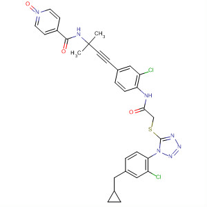 871475-12-6  4-Pyridinecarboxamide,N-[3-[3-chloro-4-[[[[1-[2-chloro-4-(cyclopropylmethyl)phenyl]-1H-tetrazol-5-yl]thio]acetyl]amino]phenyl]-1,1-dimethyl-2-propynyl]-, 1-oxide