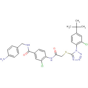 871475-95-5  Benzamide,N-[(4-aminophenyl)methyl]-3-chloro-4-[[[[1-[2-chloro-4-(1,1-dimethylethyl)phenyl]-1H-tetrazol-5-yl]thio]acetyl]amino]-