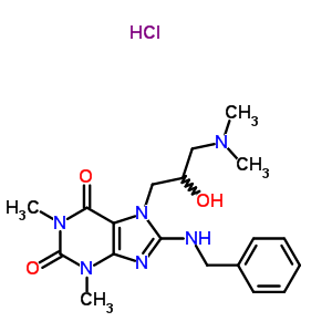 78721-04-7  8-(benzylamino)-7-[3-(dimethylamino)-2-hydroxypropyl]-1,3-dimethyl-3,7-dihydro-1H-purine-2,6-dione hydrochloride