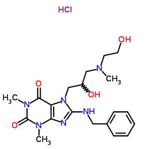 78721-06-9  8-(benzylamino)-7-{2-hydroxy-3-[(2-hydroxyethyl)(methyl)amino]propyl}-1,3-dimethyl-3,7-dihydro-1H-purine-2,6-dione hydrochloride