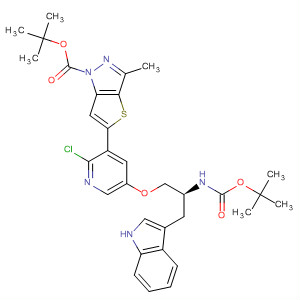 864774-26-5  1H-Thieno[3,2-c]pyrazole-1-carboxylic acid,5-[2-chloro-5-[(2S)-2-[[(1,1-dimethylethoxy)carbonyl]amino]-3-(1H-indol-3-yl)propoxy]-3-pyridinyl]-3-methyl-, 1,1-dimethylethyl ester