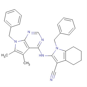 869220-72-4  1H-Indole-3-carbonitrile,2-[[5,6-dimethyl-7-(phenylmethyl)-7H-pyrrolo[2,3-d]pyrimidin-4-yl]amino]-4,5,6,7-tetrahydro-1-(phenylmethyl)-