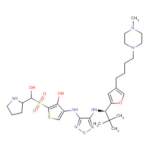 859836-14-9  2-Pyrrolidinemethanol,1-[[4-[[4-[[(1R)-2,2-dimethyl-1-[4-[4-(4-methyl-1-piperazinyl)butyl]-2-furanyl]propyl]amino]-1,2,5-thiadiazol-3-yl]amino]-3-hydroxy-2-thienyl]sulfonyl]-