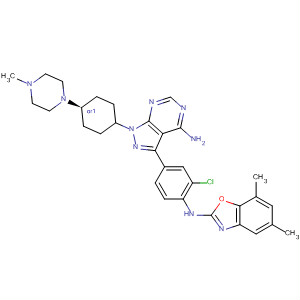 862725-36-8  1H-Pyrazolo[3,4-d]pyrimidin-4-amine,3-[3-chloro-4-[(5,7-dimethyl-2-benzoxazolyl)amino]phenyl]-1-[trans-4-(4-methyl-1-piperazinyl)cyclohexyl]-