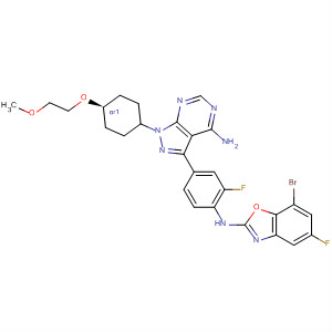 862725-40-4  1H-Pyrazolo[3,4-d]pyrimidin-4-amine,3-[4-[(7-bromo-5-fluoro-2-benzoxazolyl)amino]-3-fluorophenyl]-1-[trans-4-(2-methoxyethoxy)cyclohexyl]-