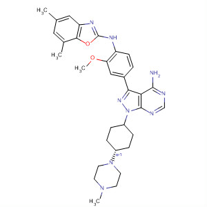862725-61-9  1H-Pyrazolo[3,4-d]pyrimidin-4-amine,3-[4-[(5,7-dimethyl-2-benzoxazolyl)amino]-3-methoxyphenyl]-1-[cis-4-(4-methyl-1-piperazinyl)cyclohexyl]-