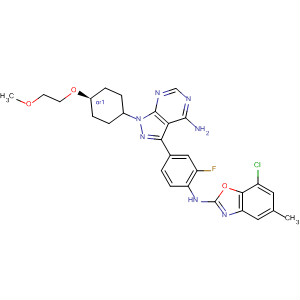862725-68-6  1H-Pyrazolo[3,4-d]pyrimidin-4-amine,3-[4-[(7-chloro-5-methyl-2-benzoxazolyl)amino]-3-fluorophenyl]-1-[trans-4-(2-methoxyethoxy)cyclohexyl]-