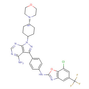 862725-88-0  1H-Pyrazolo[3,4-d]pyrimidin-4-amine,3-[4-[[7-chloro-5-(trifluoromethyl)-2-benzoxazolyl]amino]phenyl]-1-[trans-4-(4-morpholinyl)cyclohexyl]-