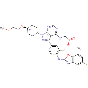 862725-92-6  1H-Pyrazolo[3,4-d]pyrimidin-4-amine,3-[3-fluoro-4-[(5-fluoro-7-methyl-2-benzoxazolyl)amino]phenyl]-1-[trans-4-(2-methoxyethoxy)cyclohexyl]-, monoacetate
