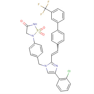 863243-94-1  1,2,5-Thiadiazolidin-3-one,5-[4-[[4-(2-chlorophenyl)-2-[(1E)-2-[3'-(trifluoromethyl)[1,1'-biphenyl]-4-yl]ethenyl]-1H-imidazol-1-yl]methyl]phenyl]-, 1,1-dioxide