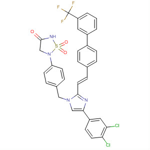 863244-06-8  1,2,5-Thiadiazolidin-3-one,5-[4-[[4-(3,4-dichlorophenyl)-2-[(1E)-2-[3'-(trifluoromethyl)[1,1'-biphenyl]-4-yl]ethenyl]-1H-imidazol-1-yl]methyl]phenyl]-, 1,1-dioxide