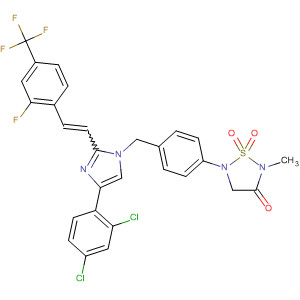 863245-75-4  1,2,5-Thiadiazolidin-3-one,5-[4-[[4-(2,4-dichlorophenyl)-2-[(1E)-2-[2-fluoro-4-(trifluoromethyl)phenyl]ethenyl]-1H-imidazol-1-yl]methyl]phenyl]-2-methyl-, 1,1-dioxide