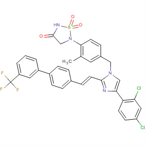 863246-15-5  1,2,5-Thiadiazolidin-3-one,5-[4-[[4-(2,4-dichlorophenyl)-2-[(1E)-2-[3'-(trifluoromethyl)[1,1'-biphenyl]-4-yl]ethenyl]-1H-imidazol-1-yl]methyl]-2-methylphenyl]-, 1,1-dioxide