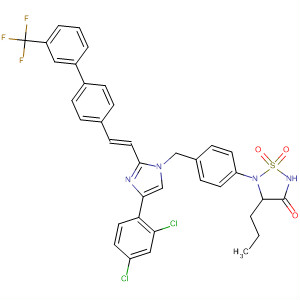 863246-16-6  1,2,5-Thiadiazolidin-3-one,5-[4-[[4-(2,4-dichlorophenyl)-2-[(1E)-2-[3'-(trifluoromethyl)[1,1'-biphenyl]-4-yl]ethenyl]-1H-imidazol-1-yl]methyl]phenyl]-4-propyl-, 1,1-dioxide