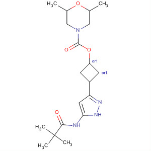 853566-08-2  4-Morpholinecarboxylic acid, 2,6-dimethyl-,cis-3-[5-[(2,2-dimethyl-1-oxopropyl)amino]-1H-pyrazol-3-yl]cyclobutylester, (2R,6S)-rel-