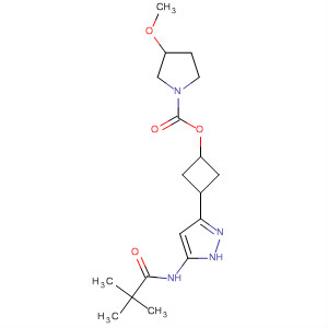 853566-10-6  1-Pyrrolidinecarboxylic acid, 3-methoxy-,cis-3-[5-[(2,2-dimethyl-1-oxopropyl)amino]-1H-pyrazol-3-yl]cyclobutylester, (3S)-