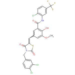 848605-20-9  Benzamide,N-[2-chloro-5-(trifluoromethyl)phenyl]-5-[[3-[(3,4-dichlorophenyl)methyl]-2,4-dioxo-5-thiazolidinylidene]methyl]-2-hydroxy-3-methoxy-