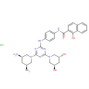 849151-50-4  2-Naphthalenecarboxamide,N-[4-[[4-[(3R,5S)-3,5-diamino-1-piperidinyl]-6-[(3R,5R)-3,5-dihydroxy-1-piperidinyl]-1,3,5-triazin-2-yl]amino]phenyl]-1-hydroxy-,monohydrochloride