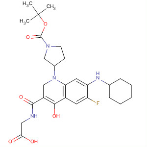 836616-21-8  1-Pyrrolidinecarboxylic acid,3-[3-[[(carboxymethyl)amino]carbonyl]-7-(cyclohexylamino)-6-fluoro-4-oxo-1(4H)-quinolinyl]-, 1-(1,1-dimethylethyl) ester