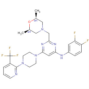 831191-47-0  4-Pyrimidinamine,N-(3,4-difluorophenyl)-2-[[(2R,6S)-2,6-dimethyl-4-morpholinyl]methyl]-6-[4-[3-(trifluoromethyl)-2-pyridinyl]-1-piperazinyl]-, rel-