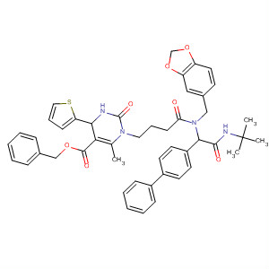 831217-35-7  5-Pyrimidinecarboxylic acid,1-[4-[(1,3-benzodioxol-5-ylmethyl)[1-[1,1'-biphenyl]-4-yl-2-[(1,1-dimethylethyl)amino]-2-oxoethyl]amino]-4-oxobutyl]-1,2,3,4-tetrahydro-6-methyl-2-oxo-4-(2-thienyl)-, phenylmethyl ester