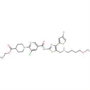 832084-74-9  4-Piperidinecarboxylic acid,1-[3-chloro-5-[[[4-(4-chloro-2-thienyl)-5-[[(3-methoxypropyl)methylamino]methyl]-2-thiazolyl]amino]carbonyl]-2-pyridinyl]-, ethyl ester