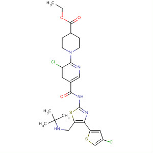 832085-06-0  4-Piperidinecarboxylic acid,1-[3-chloro-5-[[[4-(4-chloro-2-thienyl)-5-[[(1,1-dimethylethyl)amino]methyl]-2-thiazolyl]amino]carbonyl]-2-pyridinyl]-, ethyl ester