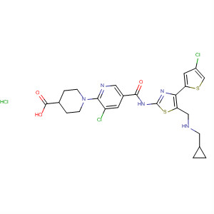 832085-53-7  4-Piperidinecarboxylic acid,1-[3-chloro-5-[[[4-(4-chloro-2-thienyl)-5-[(cyclopropylmethylamino)methyl]-2-thiazolyl]amino]carbonyl]-2-pyridinyl]-, monohydrochloride