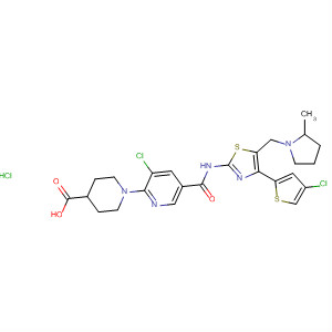 832085-57-1  4-Piperidinecarboxylic acid,1-[3-chloro-5-[[[4-(4-chloro-2-thienyl)-5-[(2-methyl-1-pyrrolidinyl)methyl]-2-thiazolyl]amino]carbonyl]-2-pyridinyl]-, monohydrochloride