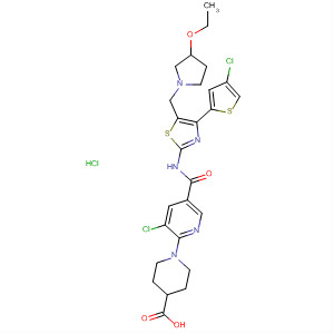 832085-64-0  4-Piperidinecarboxylic acid,1-[3-chloro-5-[[[4-(4-chloro-2-thienyl)-5-[(3-ethoxy-1-pyrrolidinyl)methyl]-2-thiazolyl]amino]carbonyl]-2-pyridinyl]-, monohydrochloride