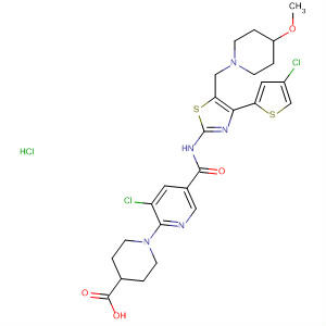 832085-65-1  4-Piperidinecarboxylic acid,1-[3-chloro-5-[[[4-(4-chloro-2-thienyl)-5-[(4-methoxy-1-piperidinyl)methyl]-2-thiazolyl]amino]carbonyl]-2-pyridinyl]-, monohydrochloride
