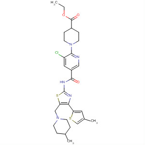 832087-01-1  4-Piperidinecarboxylic acid,1-[3-chloro-5-[[[5-[(4-methyl-1-piperidinyl)methyl]-4-(4-methyl-2-thienyl)-2-thiazolyl]amino]carbonyl]-2-pyridinyl]-, ethyl ester