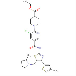832087-04-4  4-Piperidinecarboxylic acid,1-[3-chloro-5-[[[5-[(2-methyl-1-pyrrolidinyl)methyl]-4-(4-methyl-2-thienyl)-2-thiazolyl]amino]carbonyl]-2-pyridinyl]-, ethyl ester