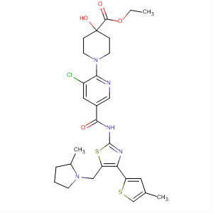 832087-13-5  4-Piperidinecarboxylic acid,1-[3-chloro-5-[[[5-[(2-methyl-1-pyrrolidinyl)methyl]-4-(4-methyl-2-thienyl)-2-thiazolyl]amino]carbonyl]-2-pyridinyl]-4-hydroxy-, ethyl ester