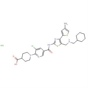 832087-19-1  4-Piperidinecarboxylic acid,1-[3-chloro-5-[[[5-[(cyclohexylmethylamino)methyl]-4-(4-methyl-2-thienyl)-2-thiazolyl]amino]carbonyl]-2-pyridinyl]-, monohydrochloride