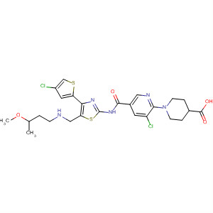 832088-52-5  4-Piperidinecarboxylic acid,1-[3-chloro-5-[[[4-(4-chloro-2-thienyl)-5-[[(2-methoxypropyl)methylamino]methyl]-2-thiazolyl]amino]carbonyl]-2-pyridinyl]-